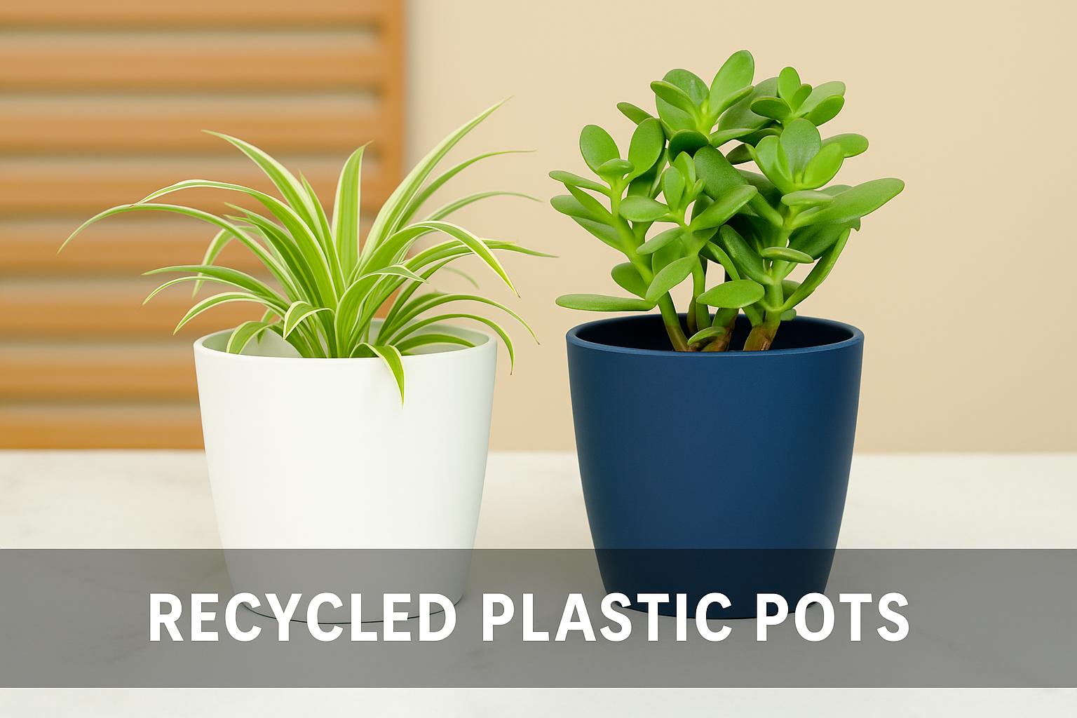 Two potted plants in recycled plastic pots, displayed on a modern table with eco-conscious decor, emphasizing sustainable indoor gardening practices.